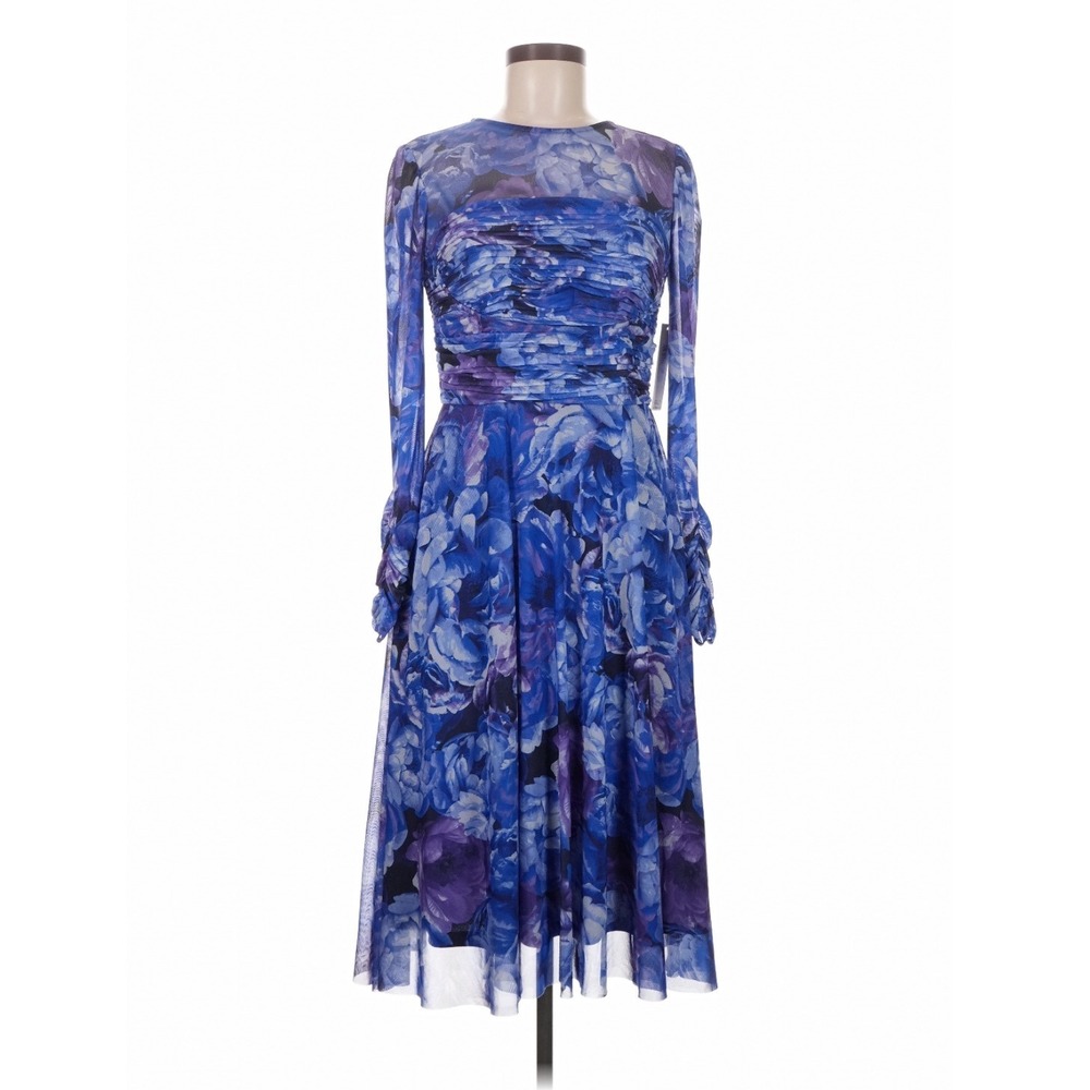 Eliza J Blue Floral Mesh Ruched Midi Dress 6 Wedding Guest Romantic
